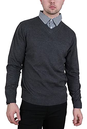 Enzo Moretti Herren-Strickpullover mit V-Ausschnitt, 100 % Baumwolle, mit Stehshirt-Krageneinsatz, Charcoal Marl, XX-Large von Enzo Moretti