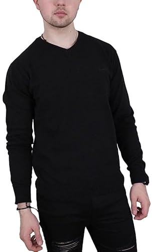 Enzo Moretti Herren Strickpullover mit V-Ausschnitt, 100 % Baumwolle, mit Hemdkragen, Schwarz , Large von Enzo Moretti