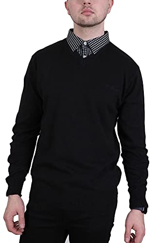 Enzo Moretti Herren-Strickpullover mit V-Ausschnitt, 100 % Baumwolle, mit Stehshirt-Krageneinsatz, Schwarz , X-Large von Enzo Moretti