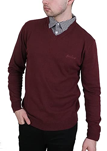 Enzo Moretti Herren Strickpullover mit V-Ausschnitt, 100 % Baumwolle, mit Hemdkragen, burgunderfarben, Medium von Enzo Moretti