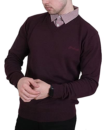 Enzo Moretti Herren-Strickpullover mit V-Ausschnitt, 100 % Baumwolle, mit Stehshirt-Krageneinsatz, pflaume, X-Large von Enzo Moretti