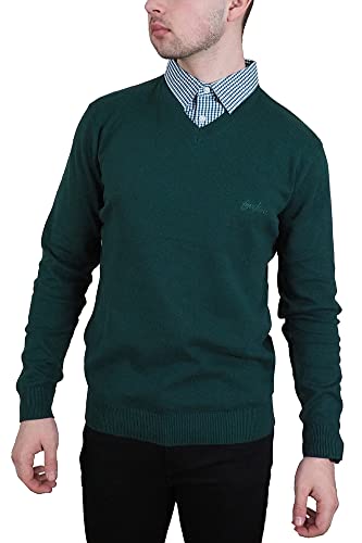 Enzo Moretti Herren Strickpullover mit V-Ausschnitt, 100 % Baumwolle, mit Hemdkragen, waldgrün, Small von Enzo Moretti