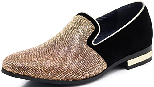 TRS Herren-Schlupfschuhe mit Strasssteinen, runde Zehenpartie, Wildleder, Chromabsätze, Slipper, modische Schuhe, Gold, 47 EU von Enzo Romeo