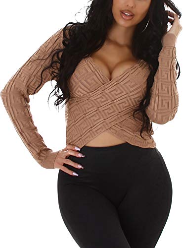 Enziroa Damen Crop-Top bauchfreier Pullover Strick Langarm, Hellbraun von Enzoria