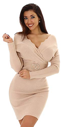 Enzoria Damen Cocktail-Kleid Etuikleid V-Ausschnitt Schnalle Strick, Rosa-Beige von Enzoria