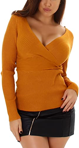 Enzoria Damen Feinstrick Pullover V-Ausschnitt Wickeloptik tailliert gerippt gestreift, Ocker von Enzoria