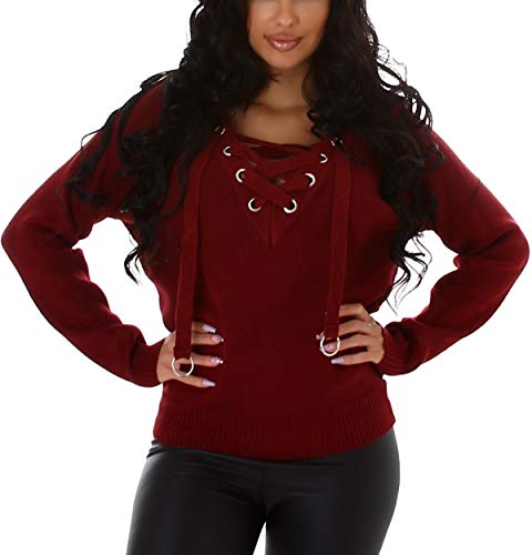 Enzoria Damen Fledermaus Pullover Feinstrick Oversize Schnürung V-Ausschnitt, Weinrot von Enzoria