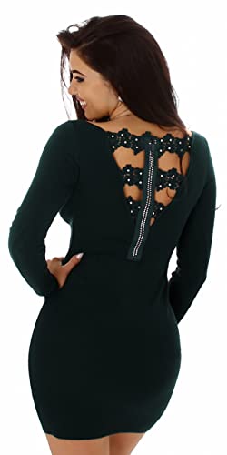 Enzoria Damen Glitzervolles Strickkleid Minikleid Strass Stretch Feinripp Rückenausschnitt Etui, Dunkelgrün 34-38 von Enzoria