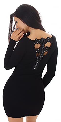 Enzoria Damen Glitzervolles Strickkleid Minikleid Strass Stretch Feinripp Rückenausschnitt Etui, Schwarz, 34-38 von Enzoria