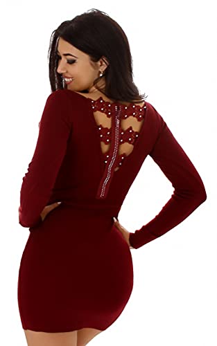 Enzoria Damen Glitzervolles Strickkleid Minikleid Strass Stretch Feinripp Rückenausschnitt Etui, Weinrot, 34-38 von Enzoria