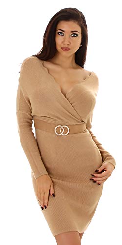 Enzoria Damen Mini Kleid Cocktail V-Ausschnitt Feinstrick Brosche, Hellbraun von Enzoria