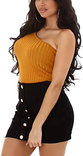 Enzoria Damen One-Shoulder Top Langarmshirt Stretch Bodycon freizügig, Ocker-Gelb, 20a Ocker, 34-38 von Enzoria