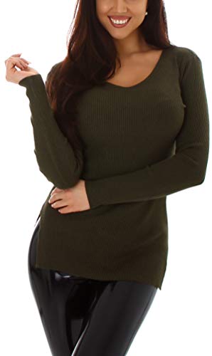 Enzoria Damen Pullover gerippt Hüftschlitz V-Ausschnitt Stretch, Grün von Enzoria