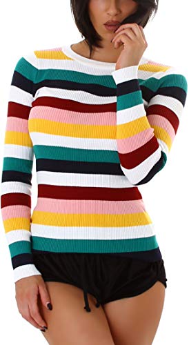 Enzoria Damen Retro Streifenpullover Strick Langarmshirt 36, Grün von Enzoria