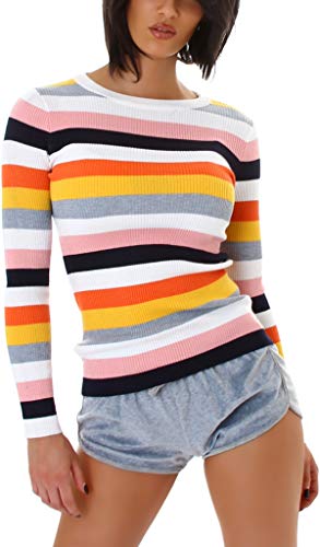 Enzoria Damen Retro Streifenpullover Strick Langarmshirt 36, Rosa von Enzoria