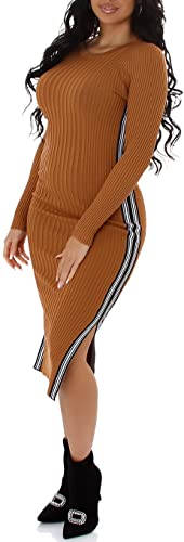 Enzoria Damen Strickkleid Beinschlitz Glitzer-Streifen seitlich Stretch Bodycon Etui Knielang, Braun, 34-38 von Enzoria