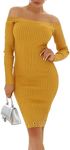 Enzoria Damen Strickkleid Minikleid Carmen-Ausschnitt Langarm Feinripp-Streifen Bodycon Etui Ringe Nieten, Senfgelb Ocker von Enzoria