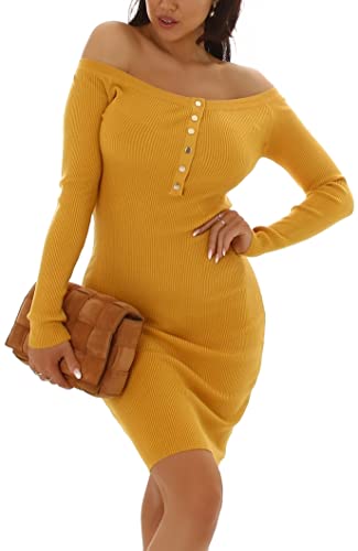Enzoria Damen Strickkleid Minikleid Langarm Carmen Bandeau Feinripp-Streifen Bodycon Etui Knopfleiste, Senfgelb Ocker von Enzoria
