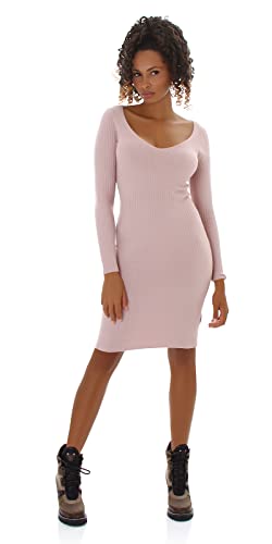 Enzoria Damen Strickkleid Pulloverkleid Stretch Feinripp V-Ausschnitt Midikleid, Rosa von Enzoria
