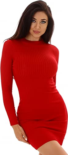 Enzoria Damen Strickkleid Stretch Feinripp Streifen Rückenfrei Etui Minikleid, Rot von Enzoria