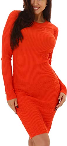 Enzoria Damen Strickkleid Stretch einfarbig Rippoptik Wabenmuster, Rotorange von Enzoria