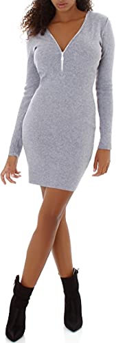 Enzoria Damen Strickkleid Stretch einfarbig V-Ausschnitt Reißverschluss Minikleid, Hellgrau, 34-38 von Enzoria