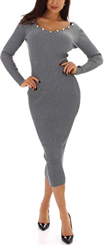 Enzoria Damen langes Strickkleid einfarbig gerippt Stretch Bodycon, Grau von Enzoria