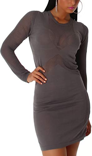 Enzoria Jela London Damen Strickkleid Transparent Minikleid Stretch Mesh Netz durchsichtig Pulloverkleid, 36 38 Grau von Enzoria