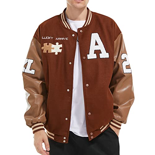 Eocicvvi Herren College Jacke Übergangsjacke Damen Freizeit Jacke Harajuku Stil Sportjacke Streetwear Stehkragen Herbst Frühling mit Taschen(Braun,3XL) von Eocicvvi