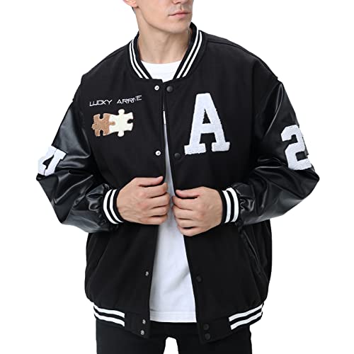 Eocicvvi Herren College Jacke Übergangsjacke Damen Freizeit Jacke Harajuku Stil Sportjacke Streetwear Stehkragen Herbst Frühling mit Taschen（Schwarz,2XL von Eocicvvi