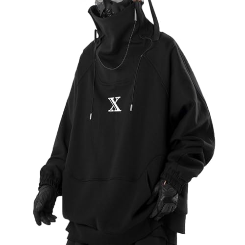 Eocicvvi Pullover Herren Cyberpunk Hoodie Rollkragen Oversize Sweat Langarm Hip Hop Sweatshirt Japanisches(Schwarz,3XL) von Eocicvvi