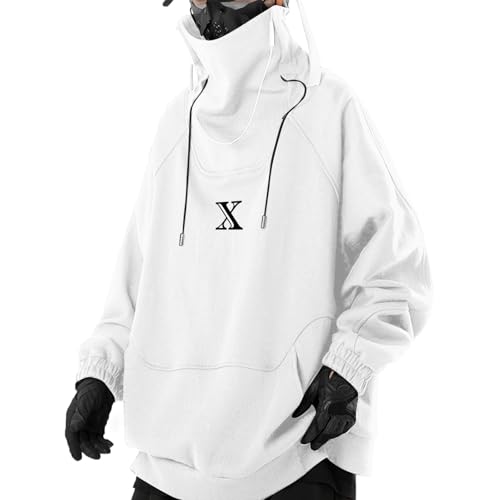 Eocicvvi Pullover Herren Cyberpunk Hoodie Rollkragen Oversize Sweat Langarm Hip Hop Sweatshirt Japanisches(Weiß,M) von Eocicvvi