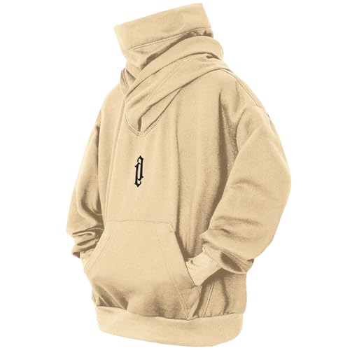 Eocicvvi Pullover Herren Rollkragen Hip Hop Fleece Pulli Kapuzenpullover Hoodie Sweater Sweatshirt Mit Kapuze Oversize Urban(Beige,2XL) von Eocicvvi