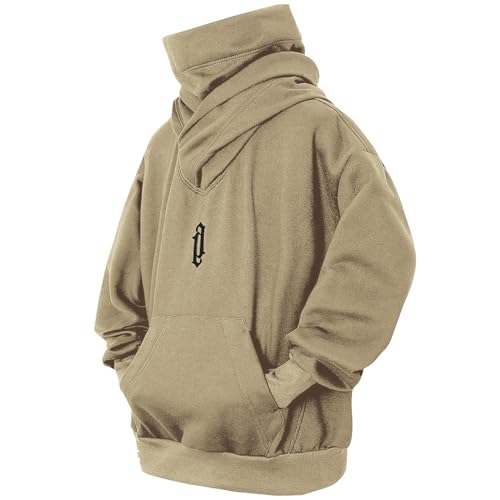 Eocicvvi Pullover Herren Rollkragen Hip Hop Fleece Pulli Kapuzenpullover Hoodie Sweater Sweatshirt Mit Kapuze Oversize Urban(Khaki,3XL) von Eocicvvi