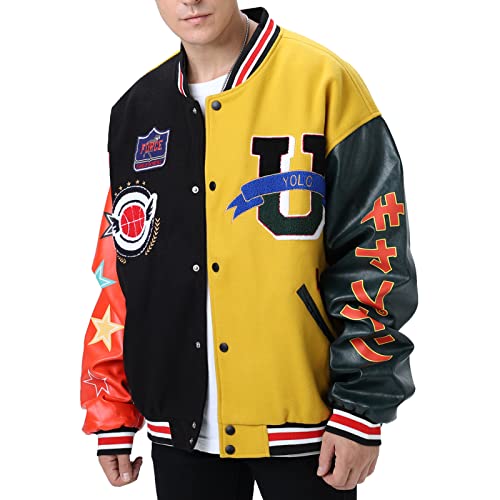 Eocicvvi Vintage College Jacke Unisex Bomberjacke Baseball Jacke Übergangsjacke Oversized Druck Jacken mit Knopf Y2K Fashion Casual Winter Herbst(Gelb,2XL) von Eocicvvi