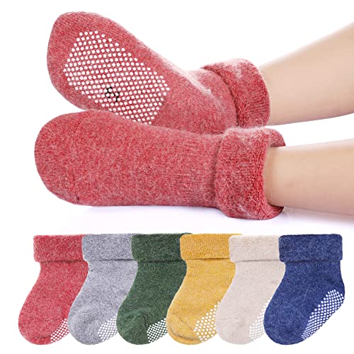 6 Paare Baby Boy Girl rutschfeste Socken Kind Kleinkind Winter Dicke weiche Wolle Kinder warme Socken mit Griffen (Einfarbige Farbe B, 0-12 Monate) von Eocom