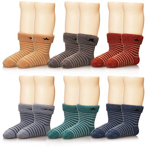 Eocom 6 Paare Kinder Winter Dicke Warme Wolle Socken Weiche Kinder Kleinkind Baby Mädchen Junge Thermische Crew Socken (Streifen, 1-3 Jahre) von Eocom