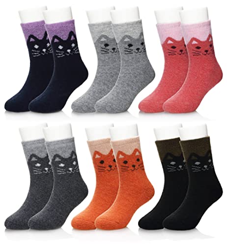 Eocom Kinder Wolle Socken Winter Warme Wolle Wandern Thermische Dicke Boot Cozy Crew Socken für Kleinkinder Jungen Mädchen 6 Paare (Katze, 1-3 Jahre) von Eocom