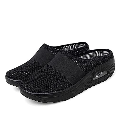 Eogrokerr Weiche Hausschuhe für Damen, Mesh, orthopädisch, mit Luftkissen, zum Reinschlüpfen, atmungsaktiv, lässiger Slipper, Schwarz , 39 EU von Eogrokerr