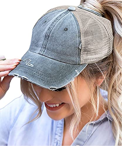 Baseballkappe Pferdeschwanz Messy-Bun Hut Distressed Baumwolle Washed Vintage - Grau - Medium Baseballkappe Pferdeschwanz Messy-Bun Hut Distressed Baumwolle Washed Vintage - Grau - Medium von Eohak