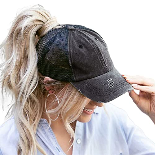 Baseballkappe Pferdeschwanz Messy-Bun Hut Distressed Baumwolle Washed Vintage - Schwarz - Medium Baseballkappe Pferdeschwanz Messy-Bun Hut Distressed Baumwolle Washed Vintage - Schwarz - Medium von Eohak