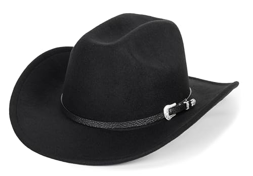 Eohak Damen Western Cowboyhüte Nieten geklemmt Western Cowgirl Hüte breite Krempe Fedoras Hut mit Gürtelschnalle M/L, Schwarz-kariert, Medium von Eohak