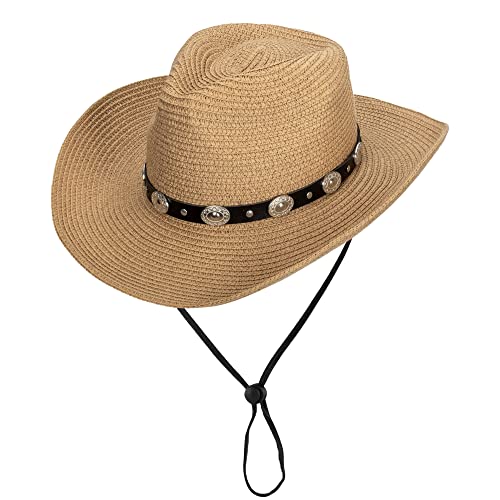 Eohak Formbarer Damen-Cowboyhut aus Stroh, Panama, breite Krempe, Cowgirl-Westernhut mit Gürtel, Sommer-Strandhut, Khaki, Khaki, Medium von Eohak