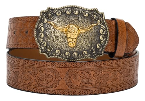 Eohak Western-Ledergürtel mit Cowboy-Schnalle für Herren und Damen, Jeans, gravierter Floraler Longhorn Bull Texas-Schnallengürtel (33–41 Zoll Taille) (Braun, Für 69–83 cm Taille) von Eohak