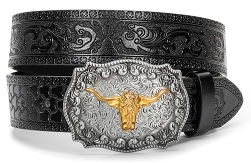 Eohak Western-Ledergürtel mit Cowboy-Schnalle für Herren und Damen, Jeans, gravierter Floraler Longhorn Bull Texas-Schnallengürtel (33–41 Zoll Taille) (Schwarz, Für 91–104 cm Taille) von Eohak