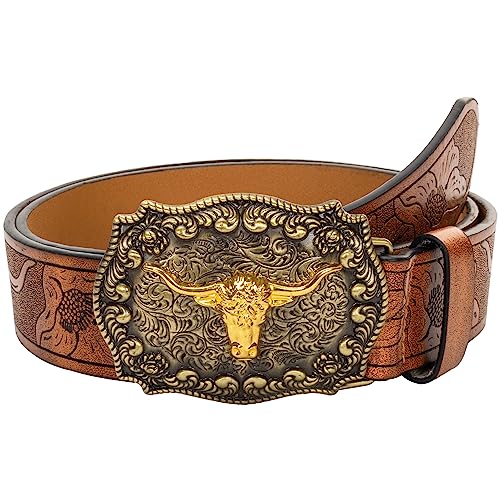 Eohak Western-PU-Ledergürtel für Männer und Frauen, Cowboy-Cowgirl, Longhorn-Bull-Muster, gravierte Schnalle, Gürtel für Unisex von Eohak