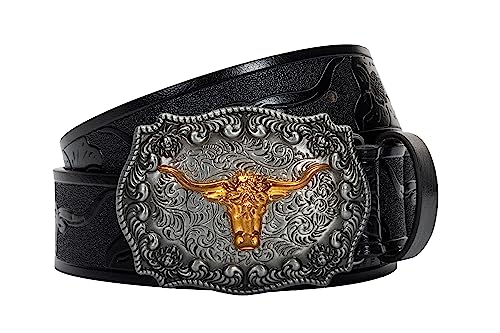 Herren Western-Cowboy-Gürtel – Longhorn Stier Muster Schnalle Gürtel Floral Gravur Schnalle Gürtel, Schwarz, Fit Waist 25-30 in von Eohak