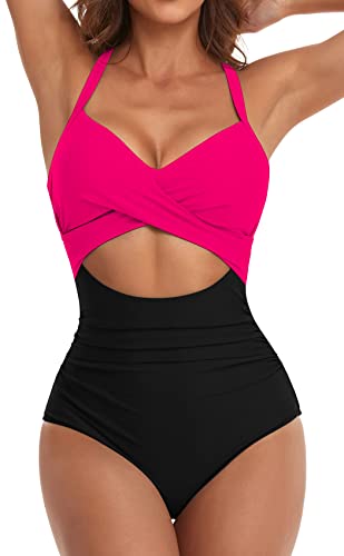 Eomenie Damen-Badeanzug, Einteiler, Bauchkontrolle, hohe Taille, Ausschnitt, Wickelband im Rücken, 1 Stück, Hot Pink / Schwarz, S von Eomenie