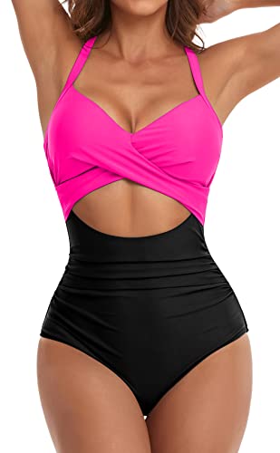 Eomenie Damen-Badeanzug, Einteiler, Bauchkontrolle, hohe Taille, Ausschnitt, Wickelband im Rücken, 1 Stück, Hot Pink / Schwarz, XX-Large von Eomenie