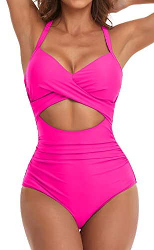 Eomenie Damen-Badeanzug, Einteiler, Bauchkontrolle, hohe Taille, Ausschnitt, Wickelband im Rücken, 1 Stück, Knallpink (Hot Pink), Large von Eomenie